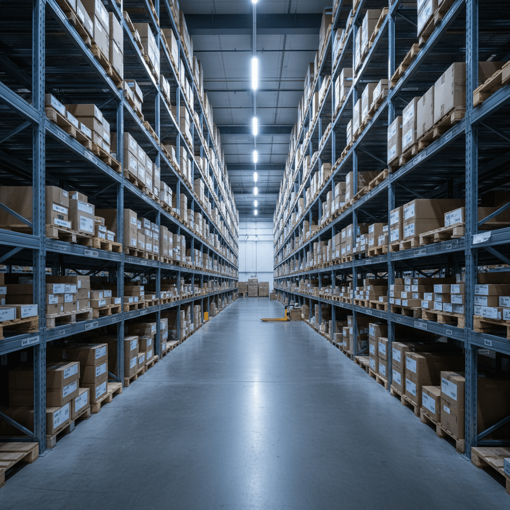 Organized warehouse shelving and inventory storage