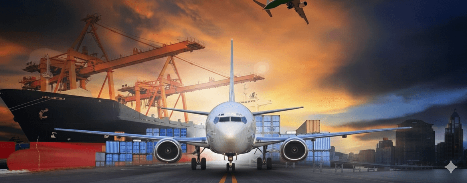Cargo plane on a runway with a container ship and city skyline at sunset.